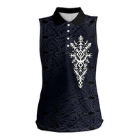 Runic Skull Women Sleeveless Polo Shirt with Nordic Symbols and Knot Pattern Viking Heritage Tribute - Wonder Print Shop