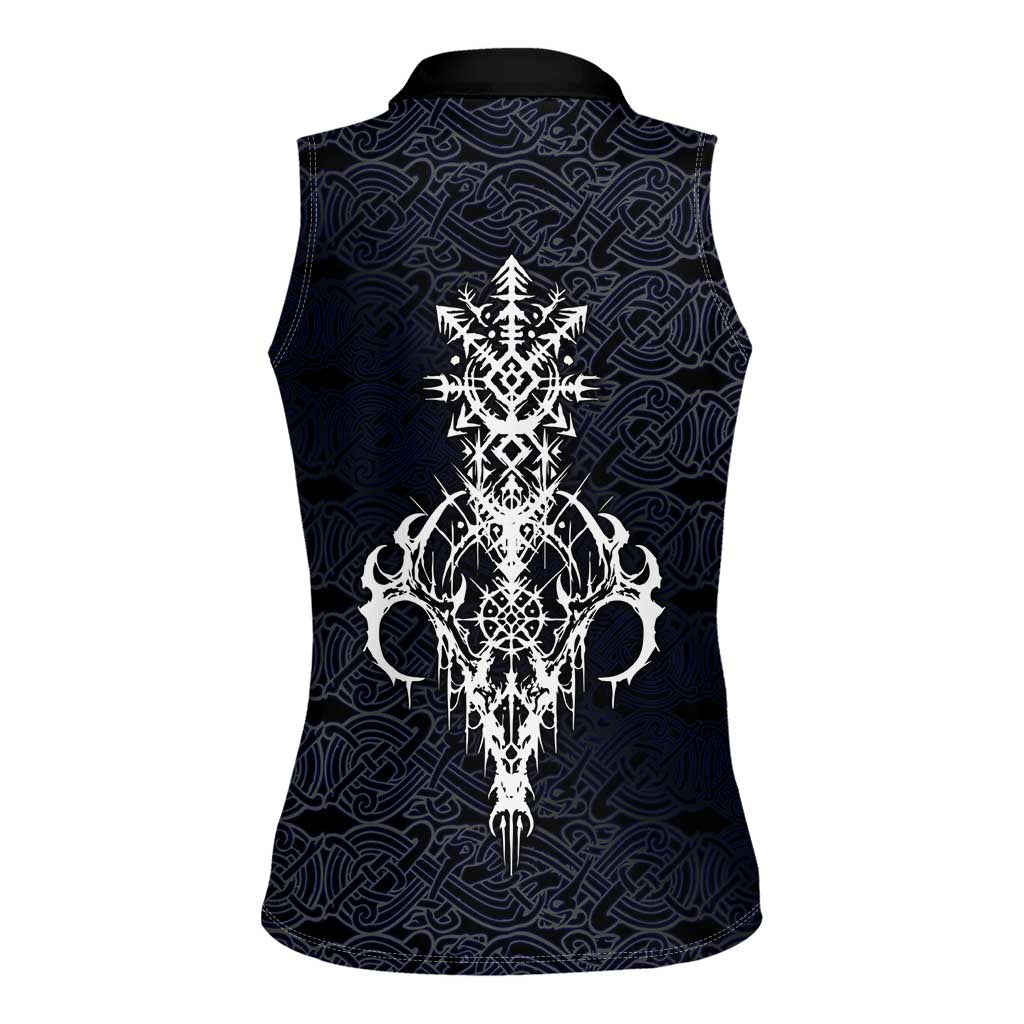 Runic Skull Women Sleeveless Polo Shirt with Nordic Symbols and Knot Pattern Viking Heritage Tribute - Wonder Print Shop