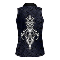 Runic Skull Women Sleeveless Polo Shirt with Nordic Symbols and Knot Pattern Viking Heritage Tribute - Wonder Print Shop