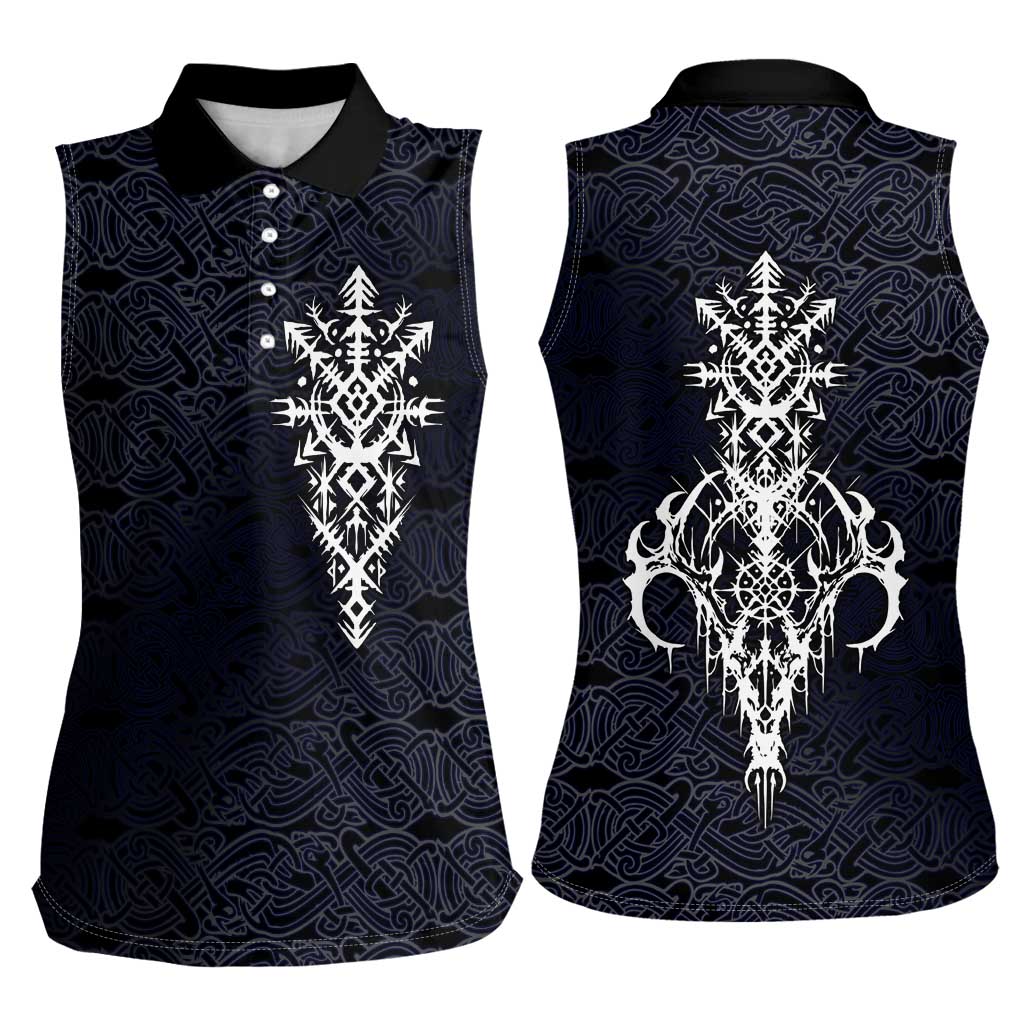 Runic Skull Women Sleeveless Polo Shirt with Nordic Symbols and Knot Pattern Viking Heritage Tribute - Wonder Print Shop