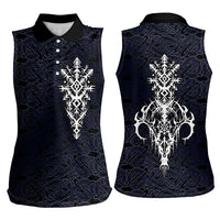 Runic Skull Women Sleeveless Polo Shirt with Nordic Symbols and Knot Pattern Viking Heritage Tribute - Wonder Print Shop