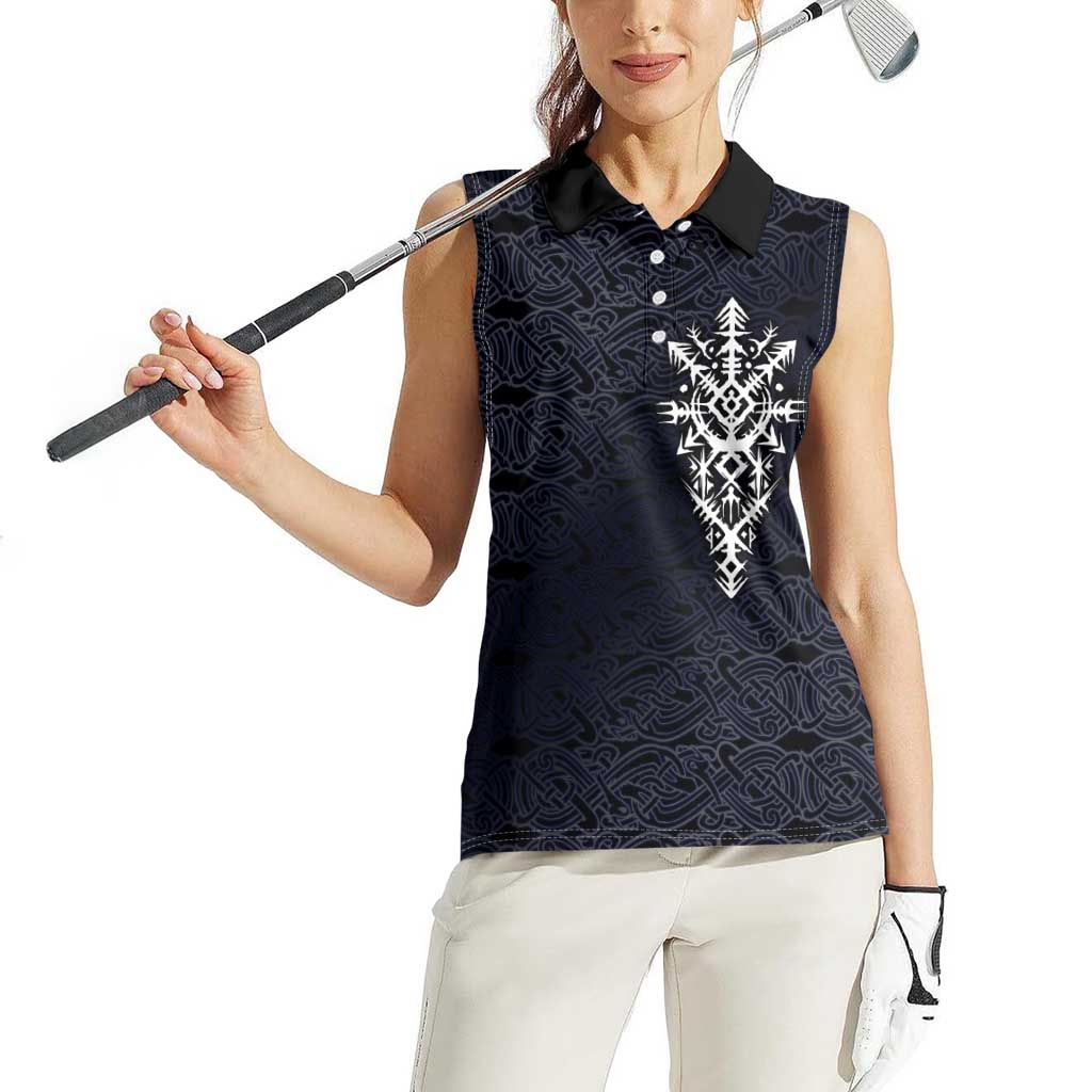 Runic Skull Women Sleeveless Polo Shirt with Nordic Symbols and Knot Pattern Viking Heritage Tribute - Wonder Print Shop