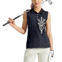 Runic Skull Women Sleeveless Polo Shirt with Nordic Symbols and Knot Pattern Viking Heritage Tribute - Wonder Print Shop