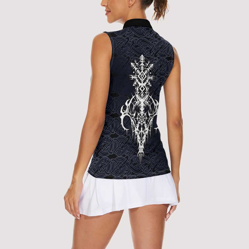 Runic Skull Women Sleeveless Polo Shirt with Nordic Symbols and Knot Pattern Viking Heritage Tribute - Wonder Print Shop