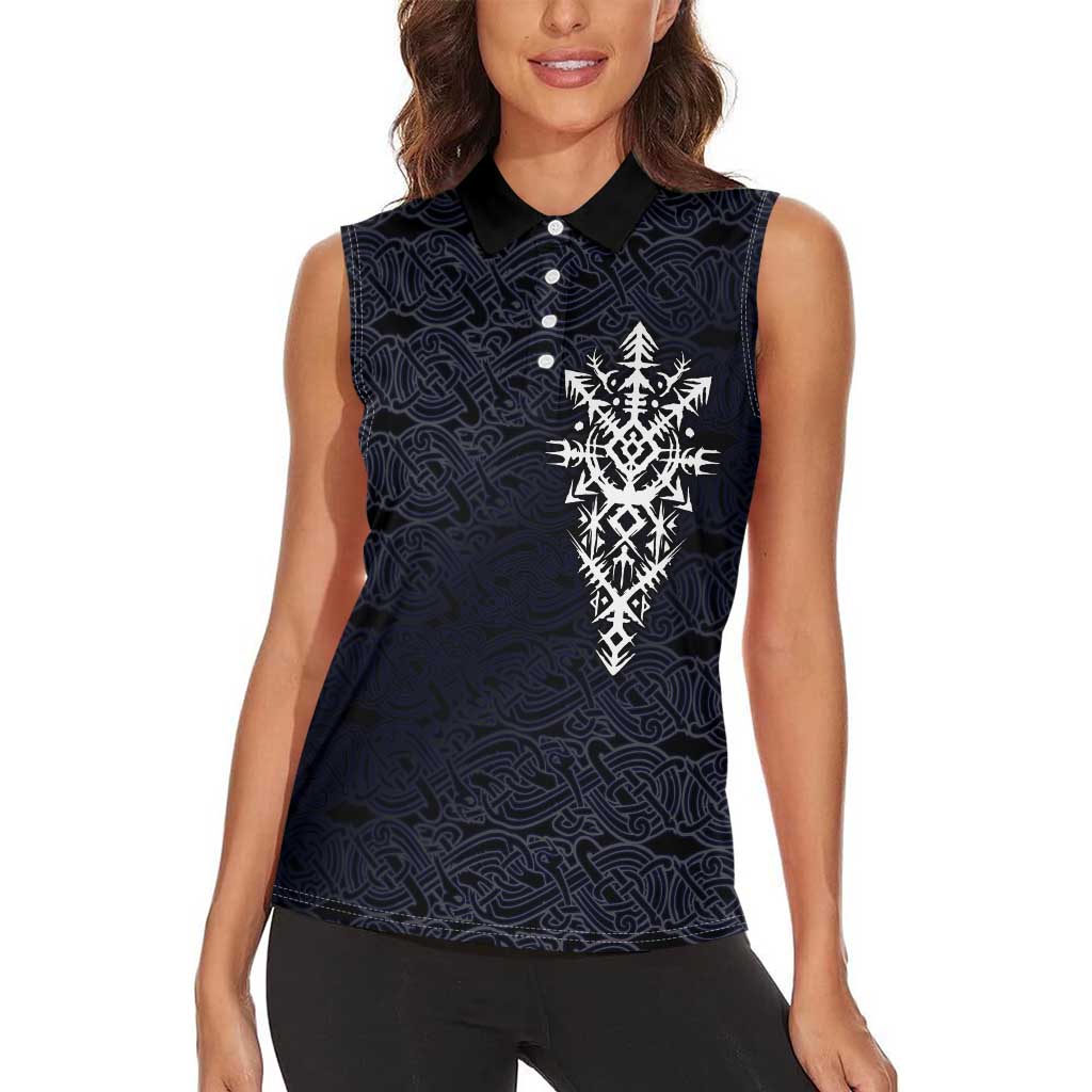 Runic Skull Women Sleeveless Polo Shirt with Nordic Symbols and Knot Pattern Viking Heritage Tribute - Wonder Print Shop