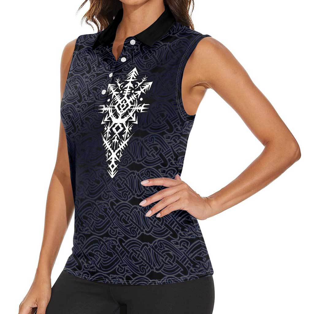 Runic Skull Women Sleeveless Polo Shirt with Nordic Symbols and Knot Pattern Viking Heritage Tribute - Wonder Print Shop