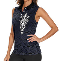 Runic Skull Women Sleeveless Polo Shirt with Nordic Symbols and Knot Pattern Viking Heritage Tribute - Wonder Print Shop