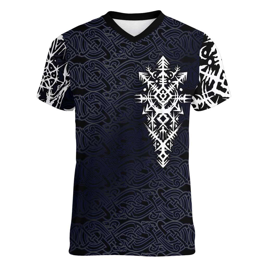 Runic Skull Women V-Neck T-Shirt with Nordic Symbols and Knot Pattern Viking Heritage Tribute - Wonder Print Shop