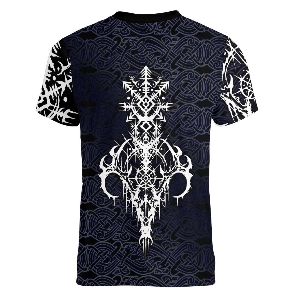 Runic Skull Women V-Neck T-Shirt with Nordic Symbols and Knot Pattern Viking Heritage Tribute - Wonder Print Shop