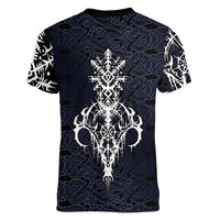 Runic Skull Women V-Neck T-Shirt with Nordic Symbols and Knot Pattern Viking Heritage Tribute - Wonder Print Shop