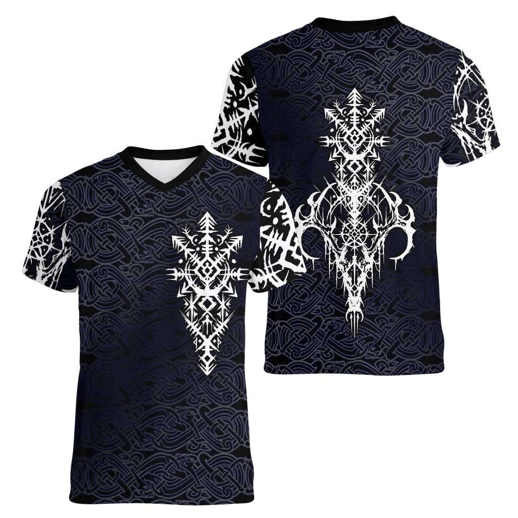 Runic Skull Women V-Neck T-Shirt with Nordic Symbols and Knot Pattern Viking Heritage Tribute - Wonder Print Shop