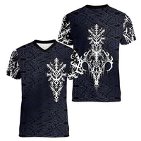 Runic Skull Women V-Neck T-Shirt with Nordic Symbols and Knot Pattern Viking Heritage Tribute - Wonder Print Shop