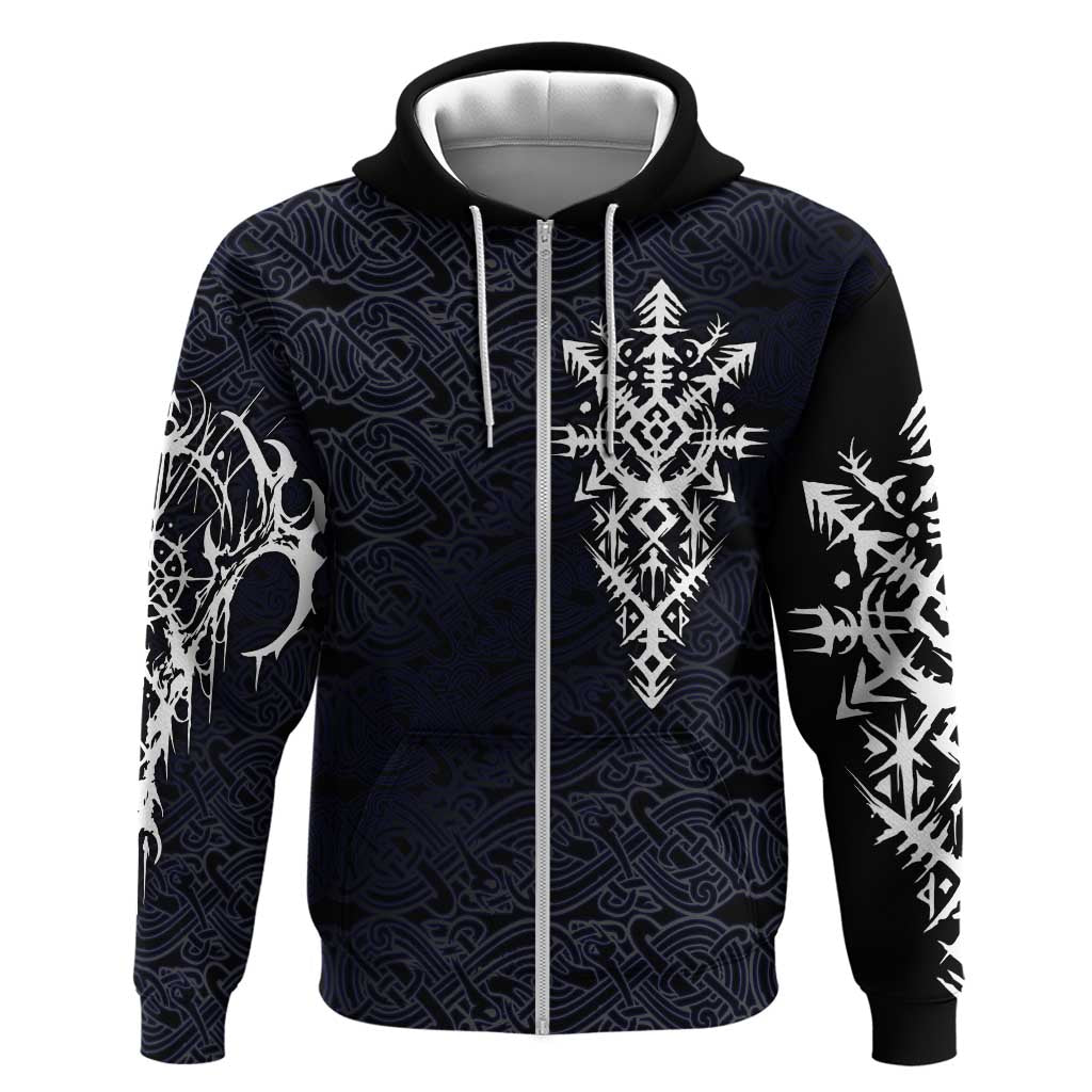 Runic Skull Zip Hoodie with Nordic Symbols and Knot Pattern Viking Heritage Tribute - Wonder Print Shop