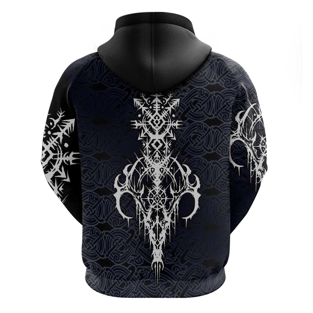 Runic Skull Zip Hoodie with Nordic Symbols and Knot Pattern Viking Heritage Tribute - Wonder Print Shop