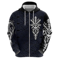 Runic Skull Zip Hoodie with Nordic Symbols and Knot Pattern Viking Heritage Tribute - Wonder Print Shop