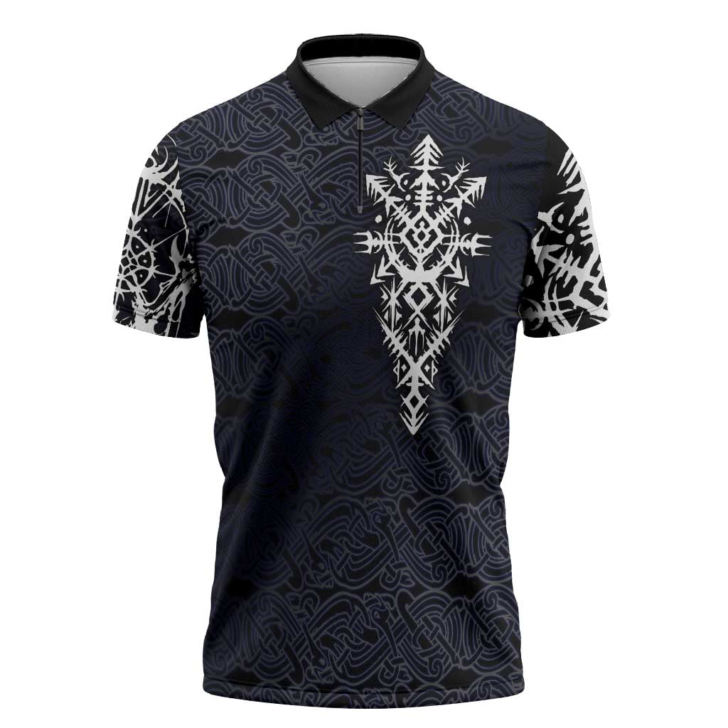 Runic Skull Zipper Polo Shirt with Nordic Symbols and Knot Pattern Viking Heritage Tribute - Wonder Print Shop