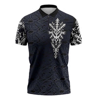 Runic Skull Zipper Polo Shirt with Nordic Symbols and Knot Pattern Viking Heritage Tribute - Wonder Print Shop