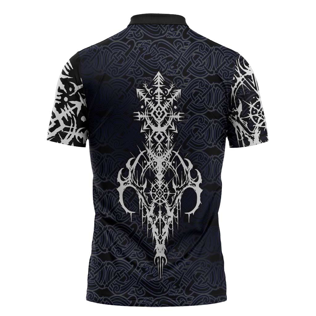 Runic Skull Zipper Polo Shirt with Nordic Symbols and Knot Pattern Viking Heritage Tribute - Wonder Print Shop