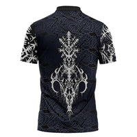 Runic Skull Zipper Polo Shirt with Nordic Symbols and Knot Pattern Viking Heritage Tribute - Wonder Print Shop