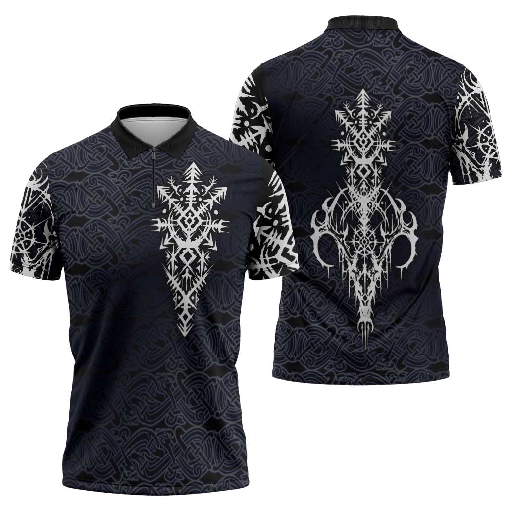 Runic Skull Zipper Polo Shirt with Nordic Symbols and Knot Pattern Viking Heritage Tribute - Wonder Print Shop