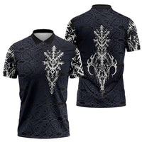 Runic Skull Zipper Polo Shirt with Nordic Symbols and Knot Pattern Viking Heritage Tribute - Wonder Print Shop