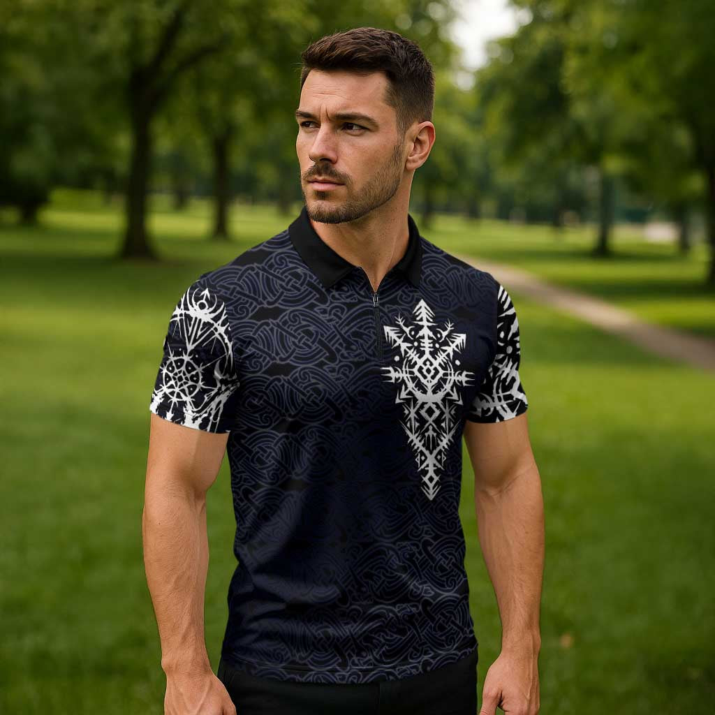 Runic Skull Zipper Polo Shirt with Nordic Symbols and Knot Pattern Viking Heritage Tribute - Wonder Print Shop
