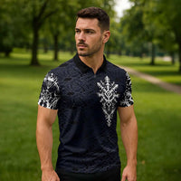 Runic Skull Zipper Polo Shirt with Nordic Symbols and Knot Pattern Viking Heritage Tribute - Wonder Print Shop