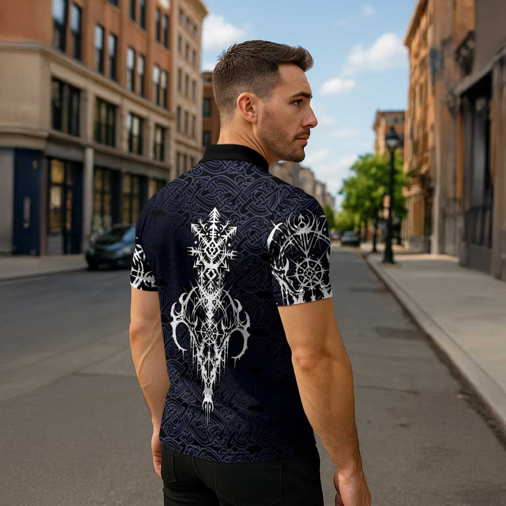 Runic Skull Zipper Polo Shirt with Nordic Symbols and Knot Pattern Viking Heritage Tribute - Wonder Print Shop