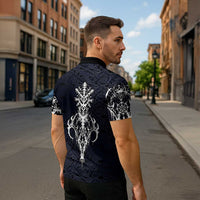 Runic Skull Zipper Polo Shirt with Nordic Symbols and Knot Pattern Viking Heritage Tribute - Wonder Print Shop