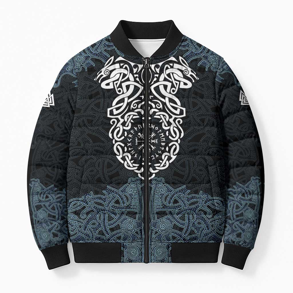 Viking Vegvisir Symbol Bomber Puffer Jacket with Runes and Intricate Knotwork Norse Protection Tribute - Wonder Print Shop