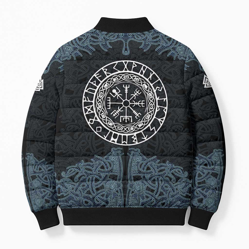 Viking Vegvisir Symbol Bomber Puffer Jacket with Runes and Intricate Knotwork Norse Protection Tribute - Wonder Print Shop