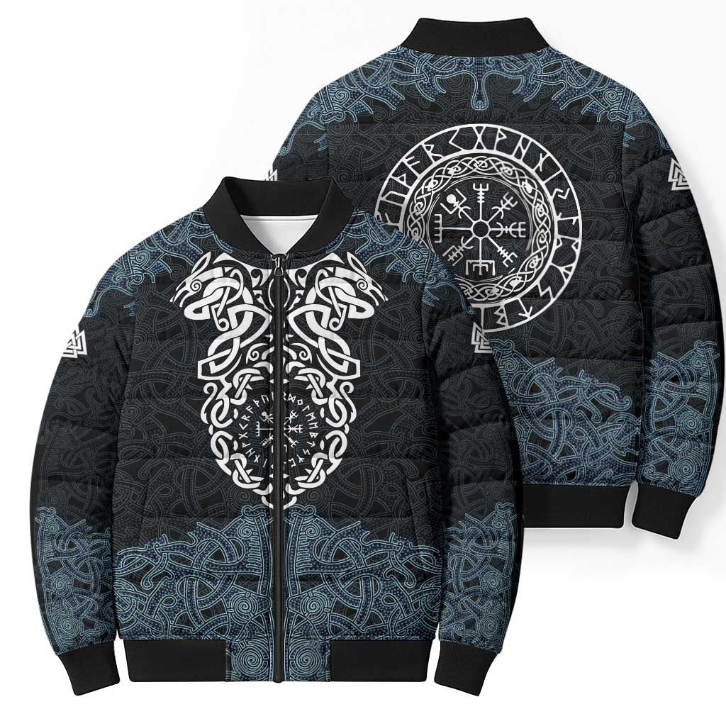 Viking Vegvisir Symbol Bomber Puffer Jacket with Runes and Intricate Knotwork Norse Protection Tribute - Wonder Print Shop