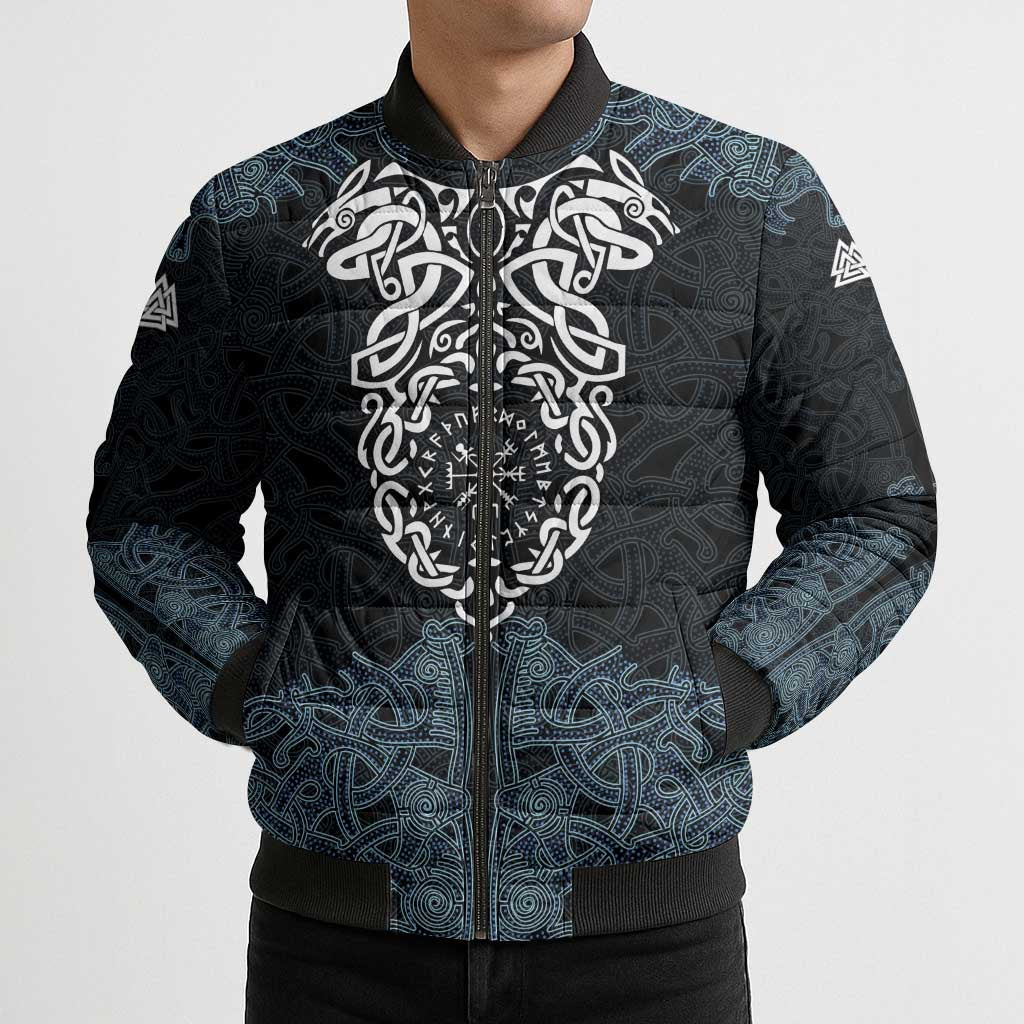 Viking Vegvisir Symbol Bomber Puffer Jacket with Runes and Intricate Knotwork Norse Protection Tribute - Wonder Print Shop