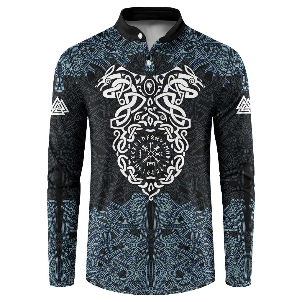 Viking Vegvisir Symbol Button Sweatshirt with Runes and Intricate Knotwork Norse Protection Tribute - Wonder Print Shop