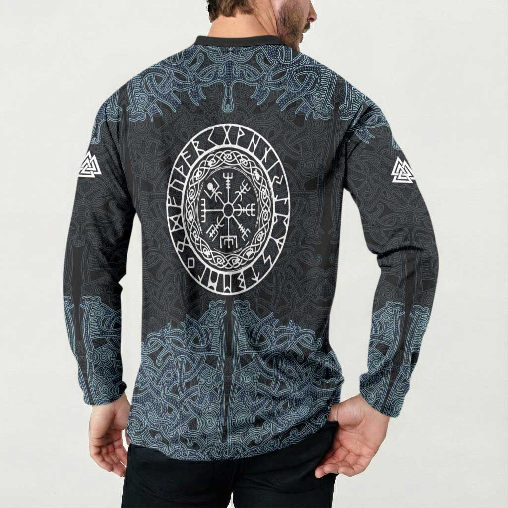 Viking Vegvisir Symbol Button Sweatshirt with Runes and Intricate Knotwork Norse Protection Tribute - Wonder Print Shop