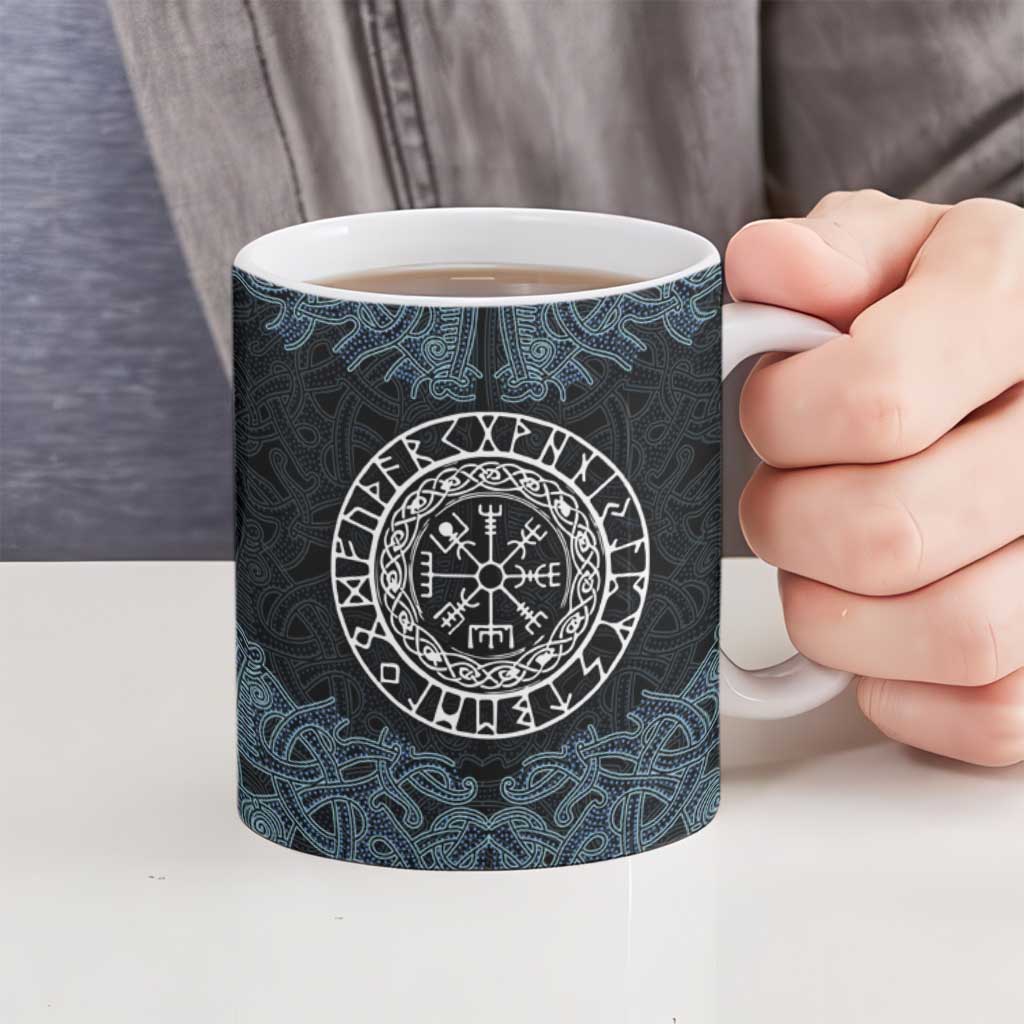 Viking Vegvisir Symbol Ceramic Mug with Runes and Intricate Knotwork Norse Protection Tribute - Wonder Print Shop