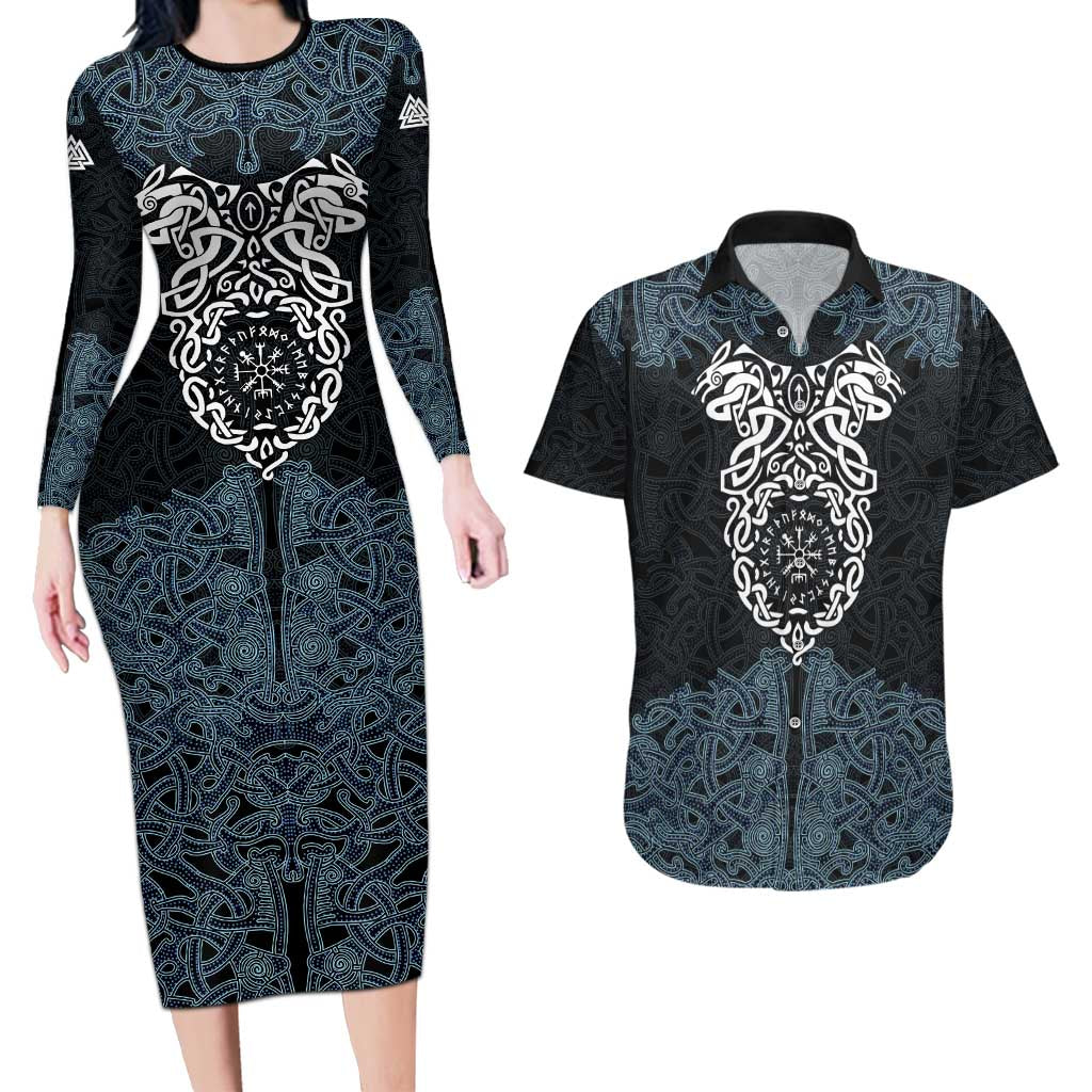 Viking Vegvisir Symbol Couples Matching Long Sleeve Bodycon Dress and Hawaiian Shirt with Runes and Intricate Knotwork Norse Protection Tribute - Wonder Print Shop