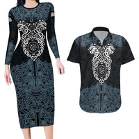 Viking Vegvisir Symbol Couples Matching Long Sleeve Bodycon Dress and Hawaiian Shirt with Runes and Intricate Knotwork Norse Protection Tribute - Wonder Print Shop