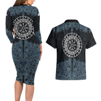 Viking Vegvisir Symbol Couples Matching Long Sleeve Bodycon Dress and Hawaiian Shirt with Runes and Intricate Knotwork Norse Protection Tribute - Wonder Print Shop