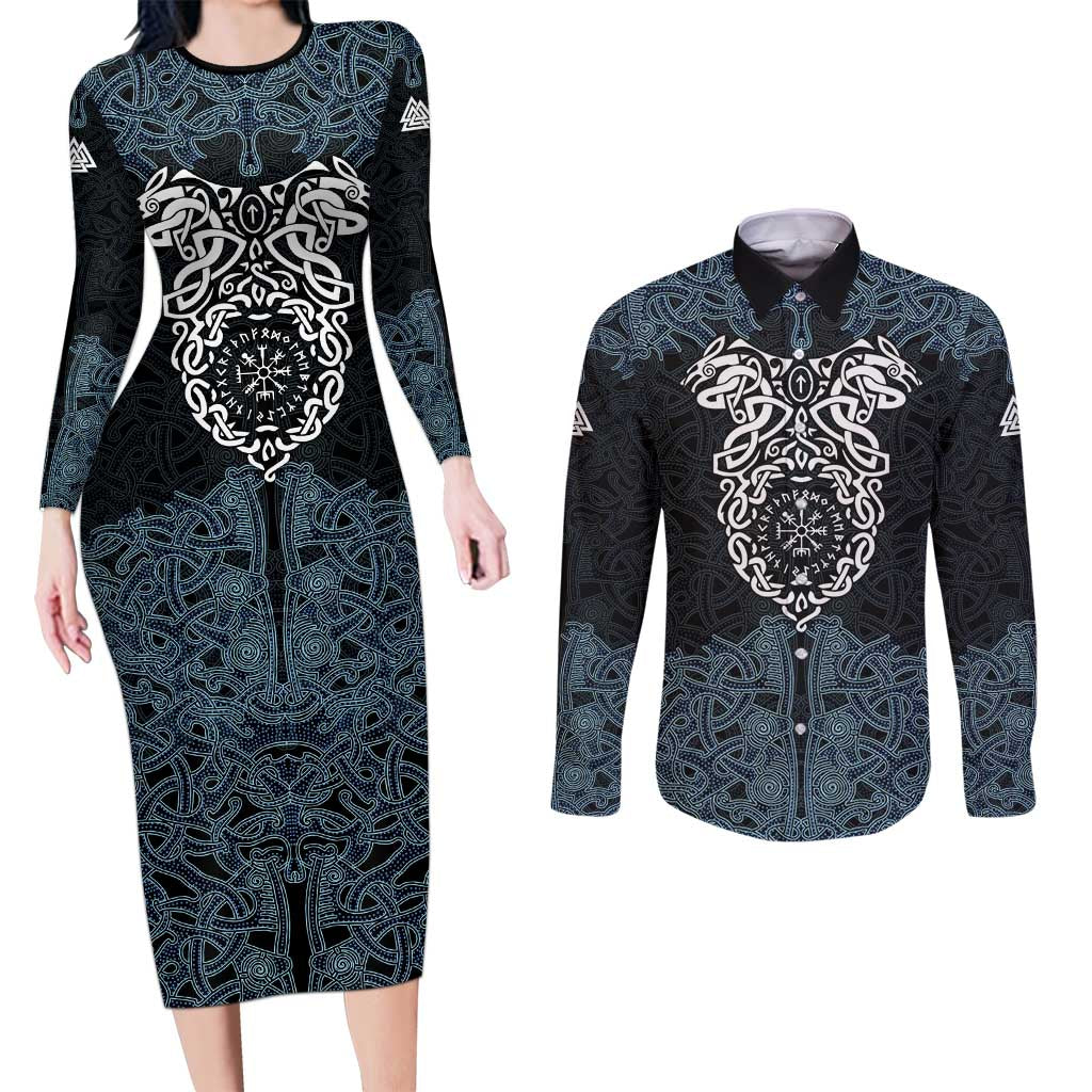 Viking Vegvisir Symbol Couples Matching Long Sleeve Bodycon Dress and Long Sleeve Button Shirt with Runes and Intricate Knotwork Norse Protection Tribute - Wonder Print Shop