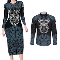 Viking Vegvisir Symbol Couples Matching Long Sleeve Bodycon Dress and Long Sleeve Button Shirt with Runes and Intricate Knotwork Norse Protection Tribute - Wonder Print Shop