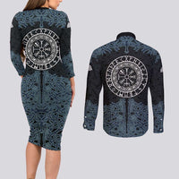 Viking Vegvisir Symbol Couples Matching Long Sleeve Bodycon Dress and Long Sleeve Button Shirt with Runes and Intricate Knotwork Norse Protection Tribute - Wonder Print Shop