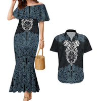 Viking Vegvisir Symbol Couples Matching Mermaid Dress and Hawaiian Shirt with Runes and Intricate Knotwork Norse Protection Tribute - Wonder Print Shop
