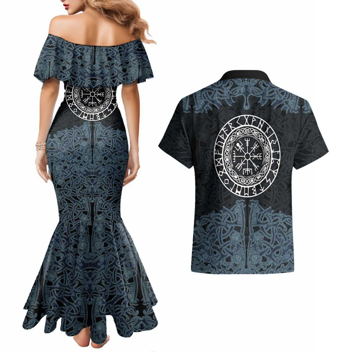 Viking Vegvisir Symbol Couples Matching Mermaid Dress and Hawaiian Shirt with Runes and Intricate Knotwork Norse Protection Tribute - Wonder Print Shop