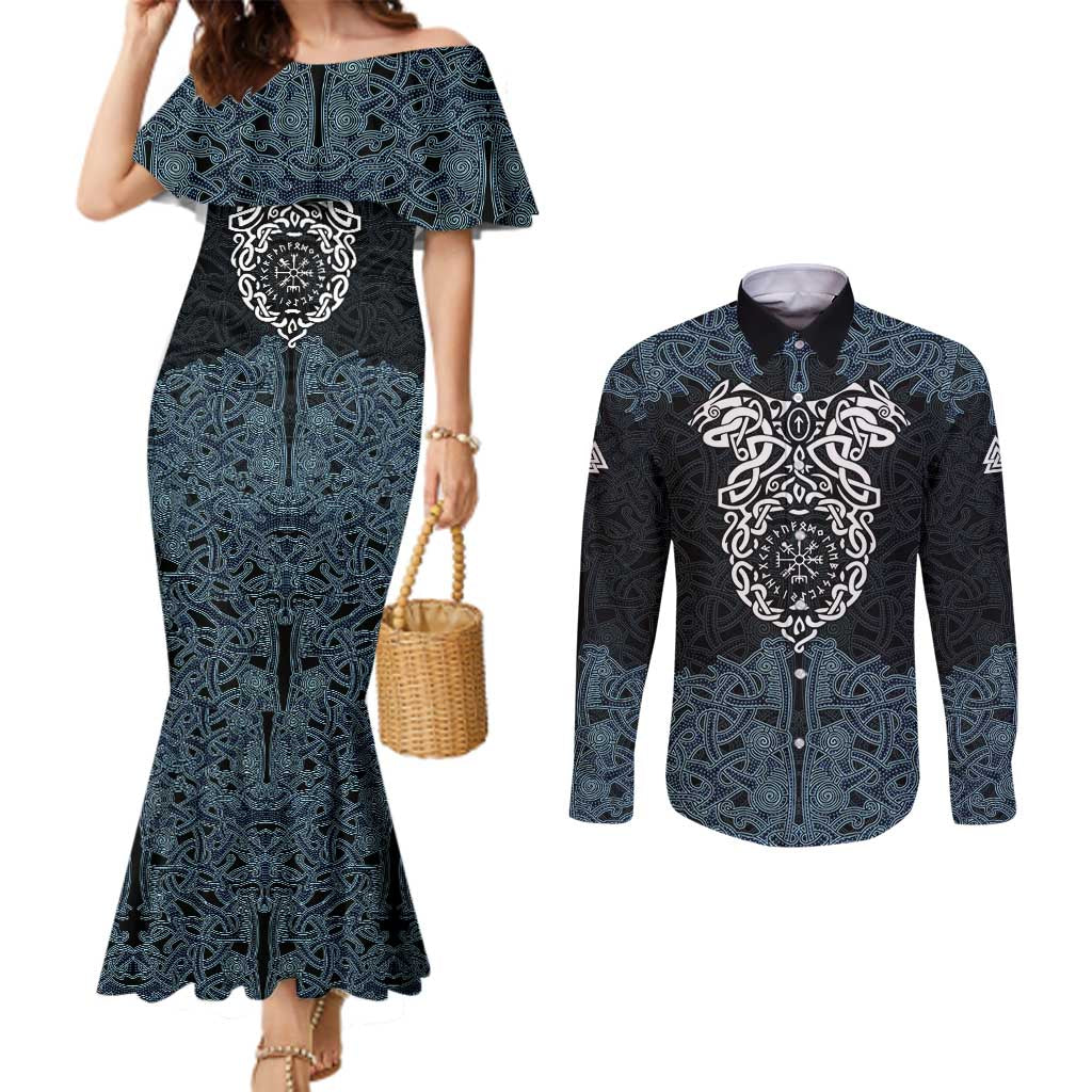 Viking Vegvisir Symbol Couples Matching Mermaid Dress and Long Sleeve Button Shirt with Runes and Intricate Knotwork Norse Protection Tribute - Wonder Print Shop