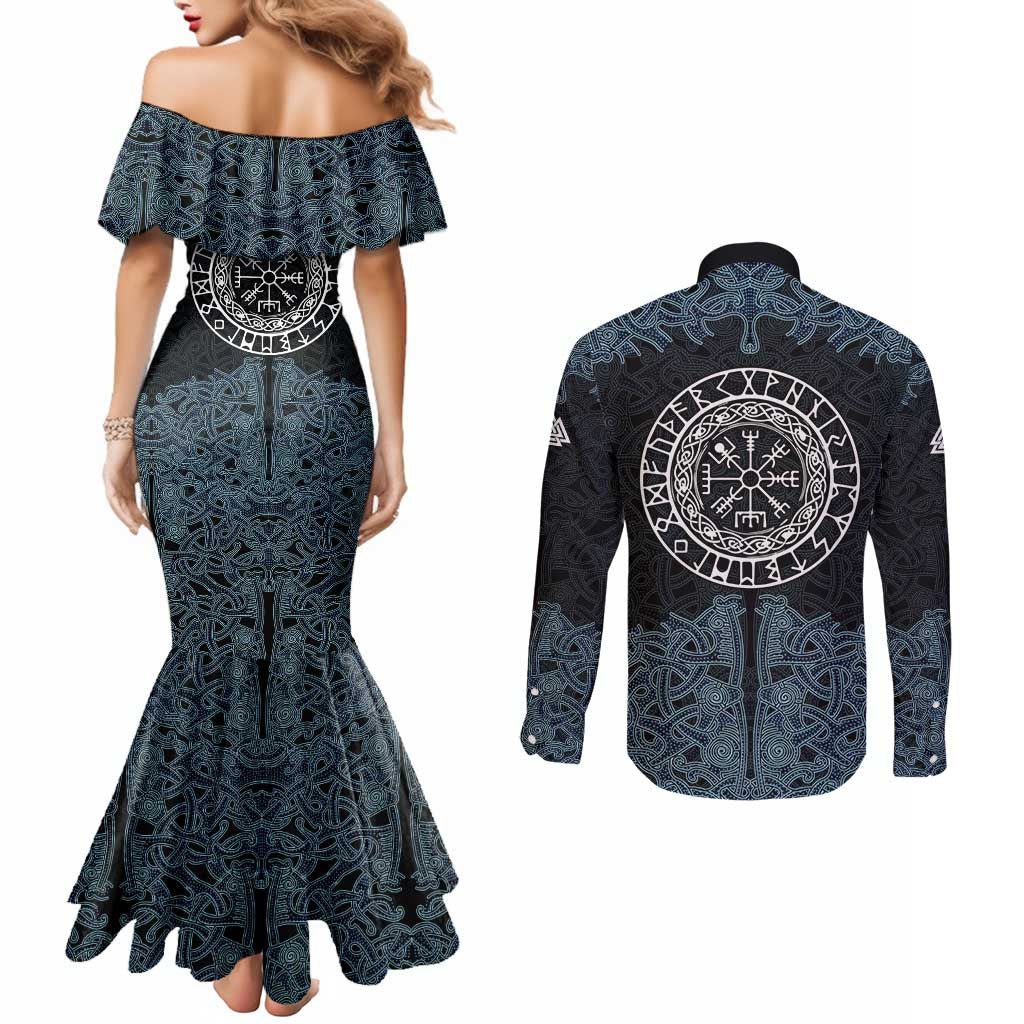 Viking Vegvisir Symbol Couples Matching Mermaid Dress and Long Sleeve Button Shirt with Runes and Intricate Knotwork Norse Protection Tribute - Wonder Print Shop