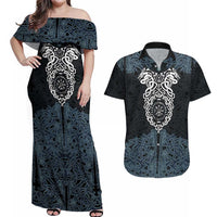 Viking Vegvisir Symbol Couples Matching Off Shoulder Maxi Dress and Hawaiian Shirt with Runes and Intricate Knotwork Norse Protection Tribute - Wonder Print Shop
