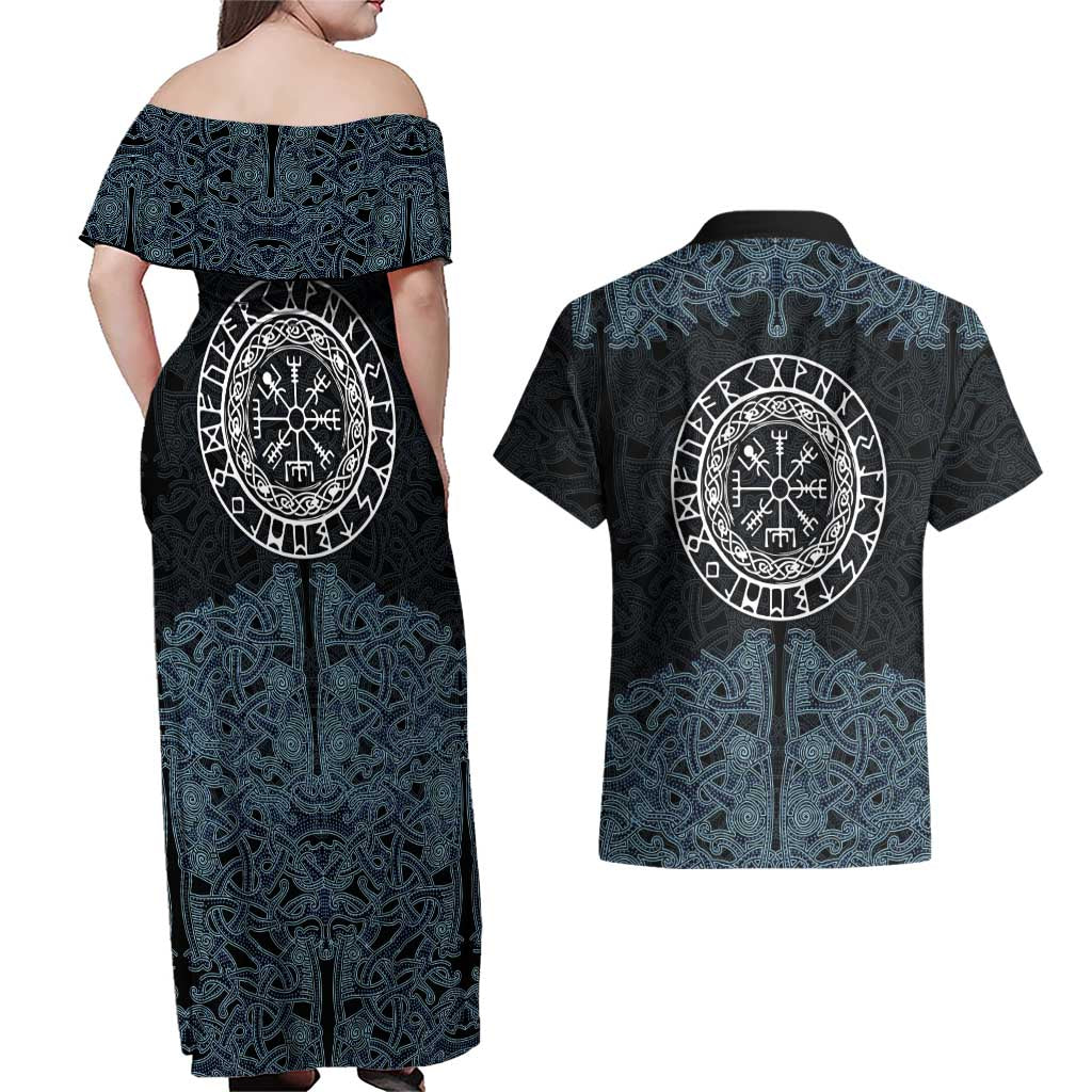 Viking Vegvisir Symbol Couples Matching Off Shoulder Maxi Dress and Hawaiian Shirt with Runes and Intricate Knotwork Norse Protection Tribute - Wonder Print Shop