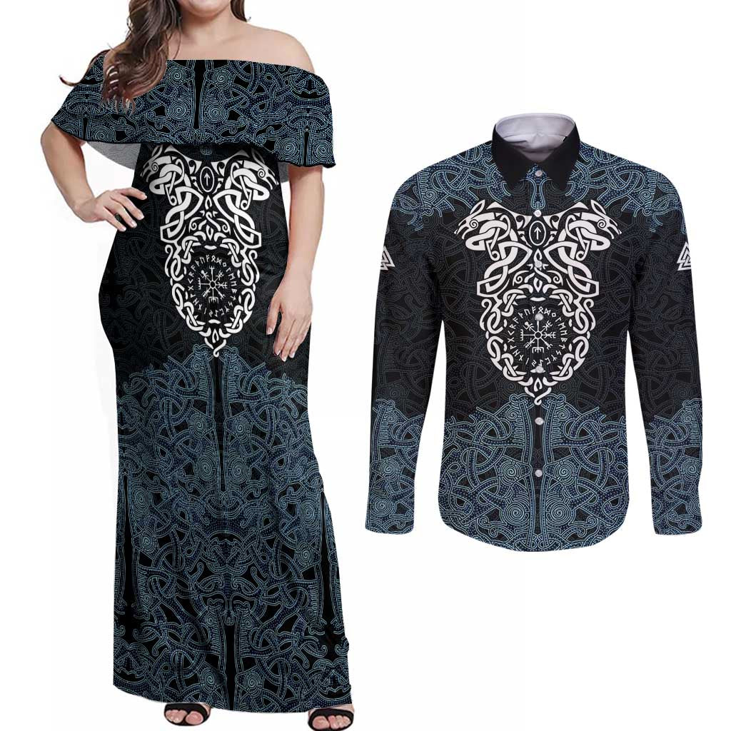 Viking Vegvisir Symbol Couples Matching Off Shoulder Maxi Dress and Long Sleeve Button Shirt with Runes and Intricate Knotwork Norse Protection Tribute - Wonder Print Shop