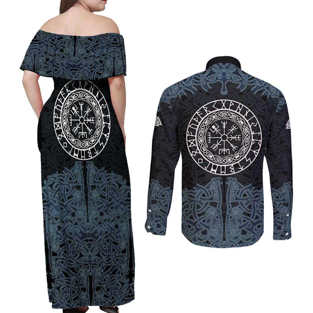 Viking Vegvisir Symbol Couples Matching Off Shoulder Maxi Dress and Long Sleeve Button Shirt with Runes and Intricate Knotwork Norse Protection Tribute - Wonder Print Shop